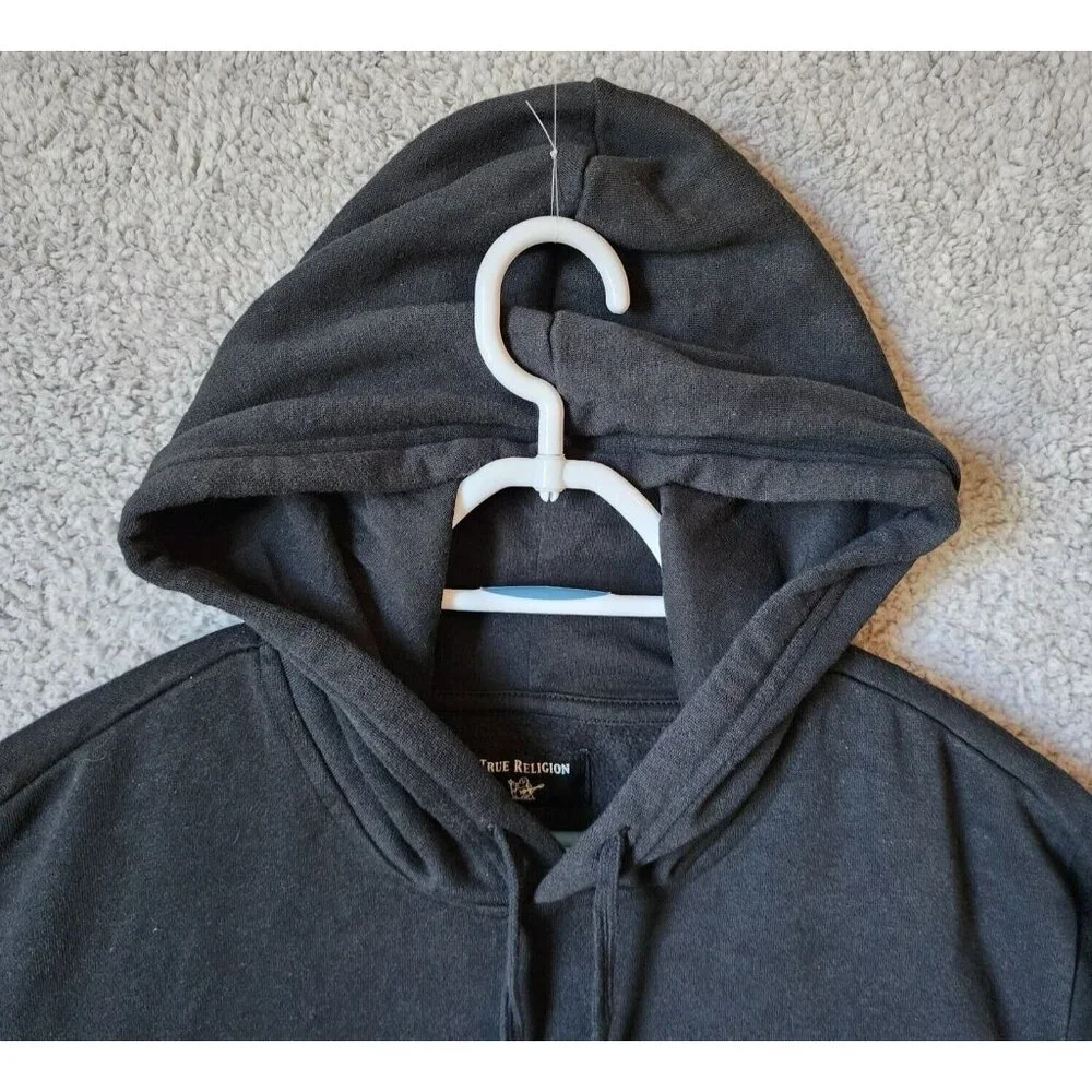 True Religion Black White‎ Spellout Pullover Drawstring Hoodie Size Large